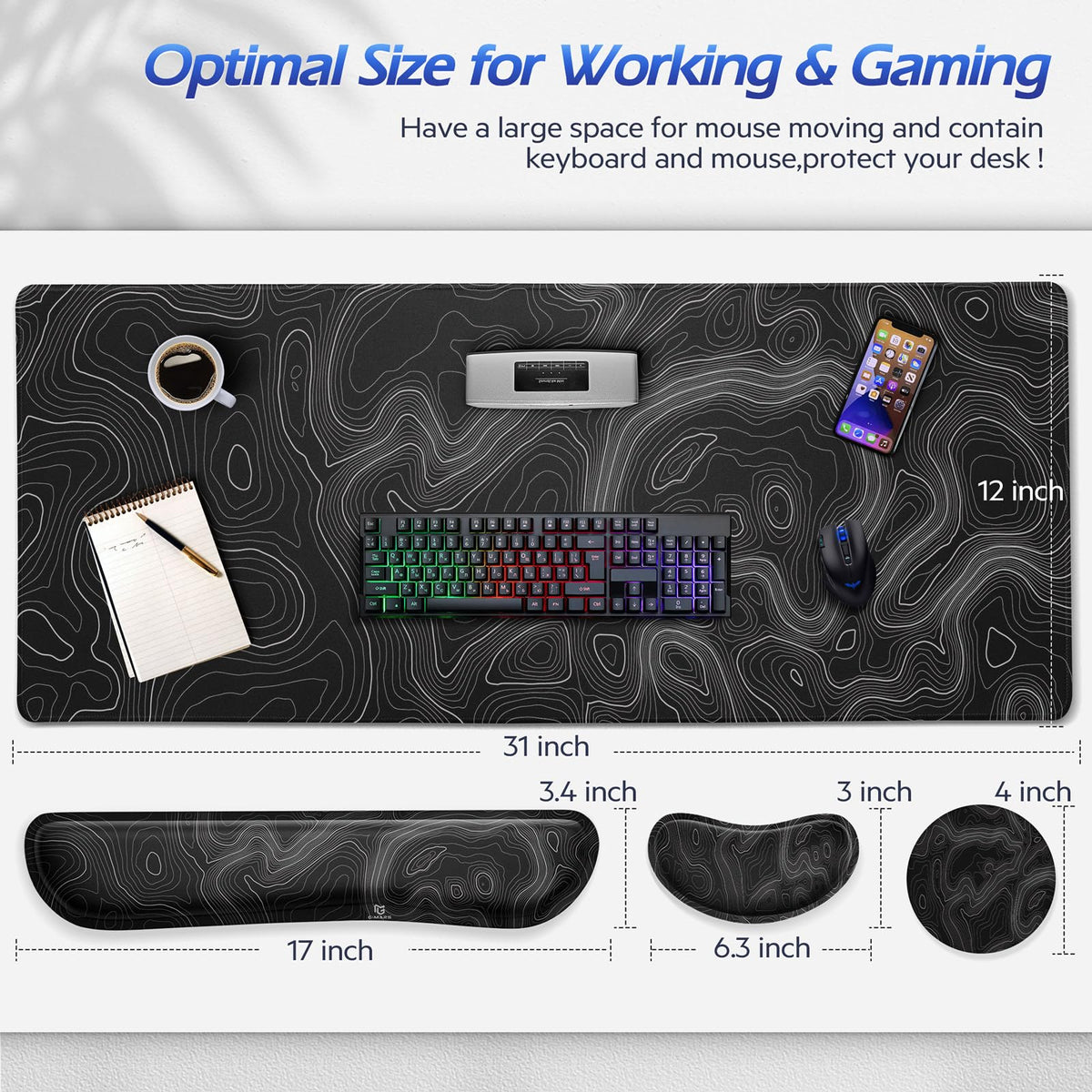 Gimars 4-in-1 XXL Gaming Mauspad mit Gelkissen, Ergonomisches Handballenauflage Tastatur, 800 x 305 mm Mousepad Tischunterlage, Gaming Zubehör Wrist Rest für PC, MacBook, Laptop, Topografische Karte