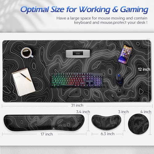Gimars 4-in-1 XXL Gaming Mauspad mit Gelkissen, Ergonomisches Handballenauflage Tastatur, 800 x 305 mm Mousepad Tischunterlage, Gaming Zubehör Wrist Rest für PC, MacBook, Laptop, Topografische Karte