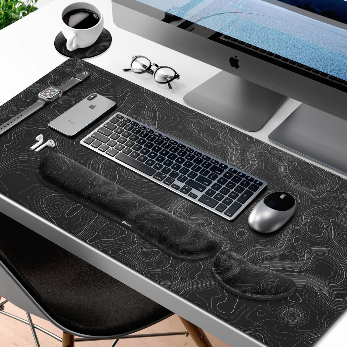 Gimars 4-in-1 XXL Gaming Mauspad mit Gelkissen, Ergonomisches Handballenauflage Tastatur, 800 x 305 mm Mousepad Tischunterlage, Gaming Zubehör Wrist Rest für PC, MacBook, Laptop, Topografische Karte