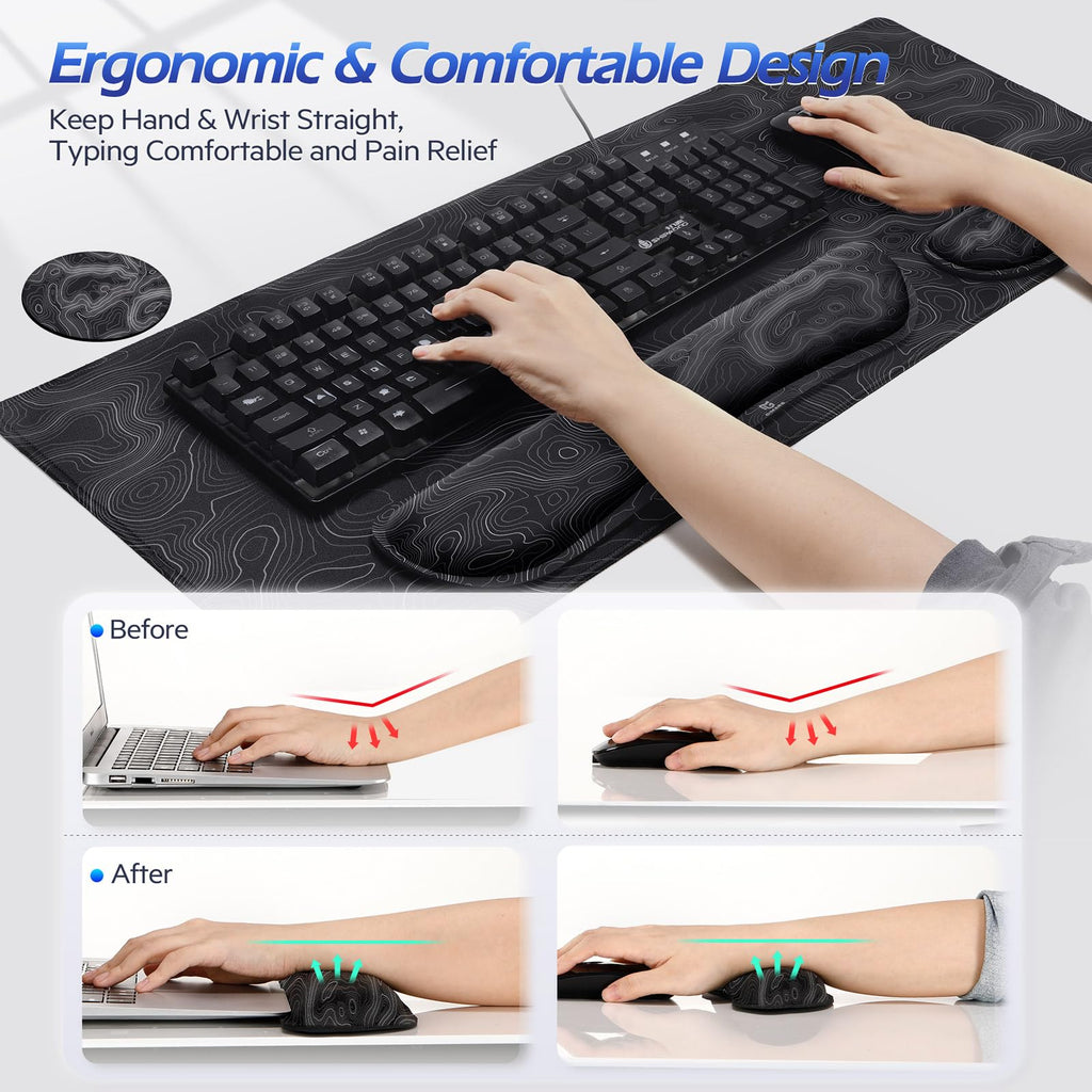 Gimars 4-in-1 XXL Gaming Mauspad mit Gelkissen, Ergonomisches Handballenauflage Tastatur, 800 x 305 mm Mousepad Tischunterlage, Gaming Zubehör Wrist Rest für PC, MacBook, Laptop, Topografische Karte
