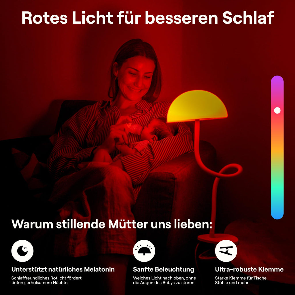 Smallish Shroommate Verstellbare Clip On Bed Light Nachttischlampe, Leselampe für Kinderzimmer, Schreibtisch, Kopfteil des Bettes, LED-Multicolor-Wechsel mit Adapter (Weiß)
