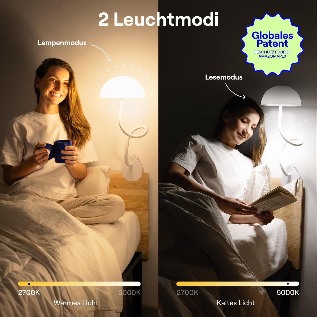 Smallish Shroommate Verstellbare Clip On Bed Light Nachttischlampe, Leselampe für Kinderzimmer, Schreibtisch, Kopfteil des Bettes, LED-Multicolor-Wechsel mit Adapter (Weiß)