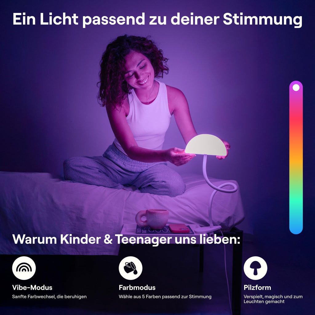 Smallish Shroommate Verstellbare Clip On Bed Light Nachttischlampe, Leselampe für Kinderzimmer, Schreibtisch, Kopfteil des Bettes, LED-Multicolor-Wechsel mit Adapter (Weiß)