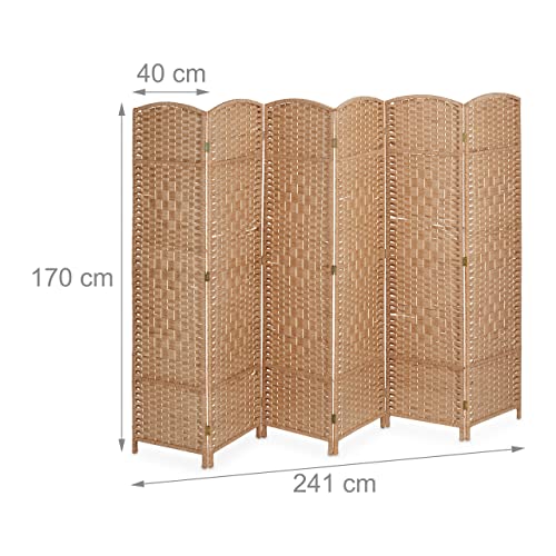 Relaxdays Paravent, 6-teilig, Raumtrenner faltbar, HxB 170x241 cm, Sichtschutz innen, Holz, Papierseil, Trennwand, Natur