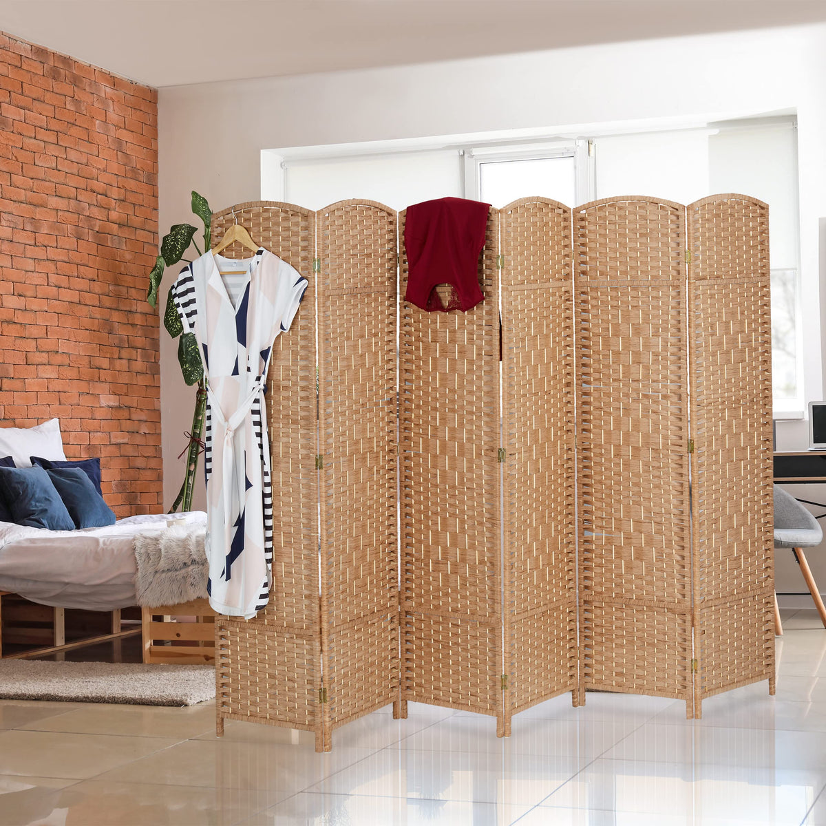 Relaxdays Paravent, 6-teilig, Raumtrenner faltbar, HxB 170x241 cm, Sichtschutz innen, Holz, Papierseil, Trennwand, Natur