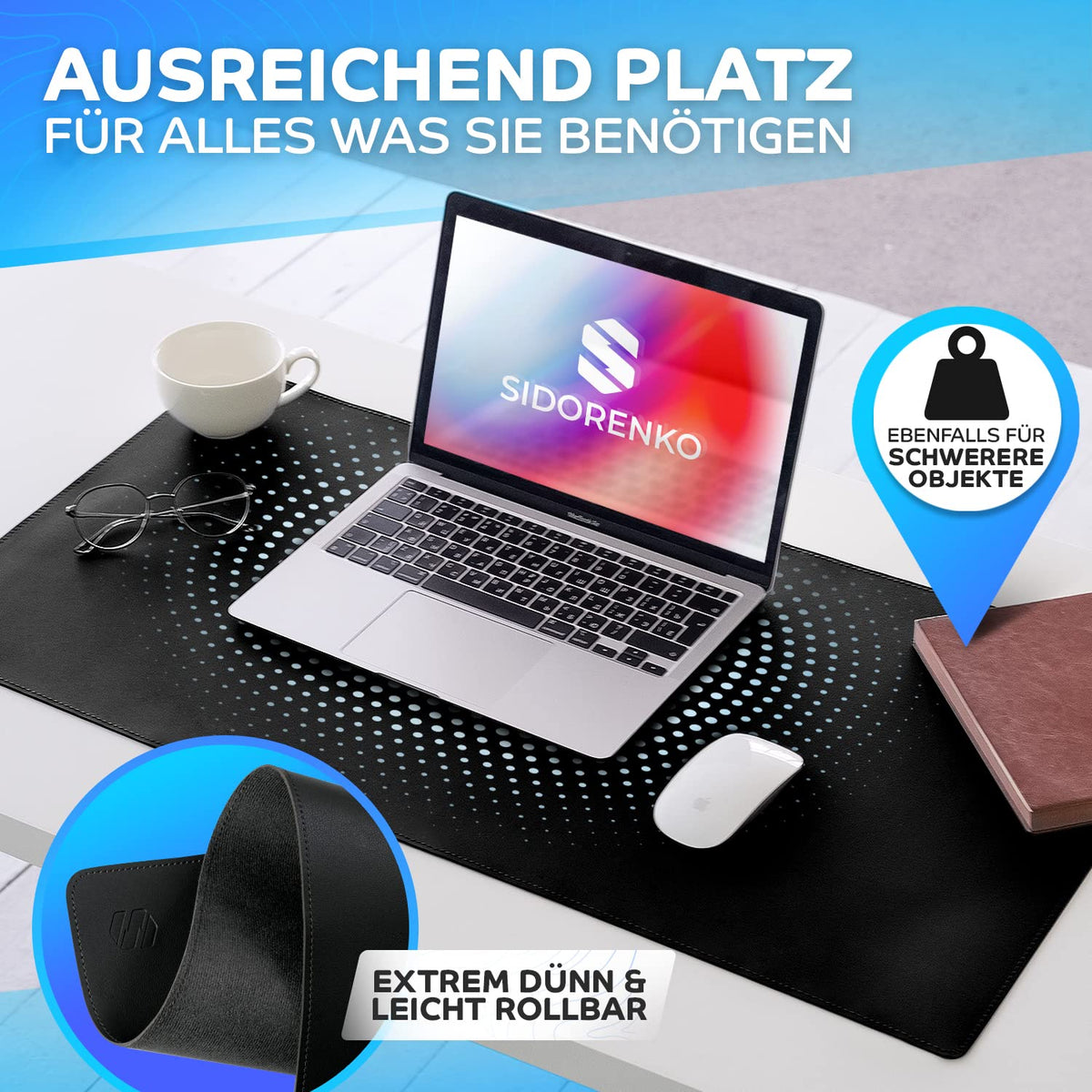 Sidorenko Schreibtischunterlage 80x40cm abwaschbar in schwarz - Tischunterlage aus PU- Leder - Schreibtisch Unterlage für Büro - rutschfeste Desk Mat, Mousepad, Mauspad, Schreibtischmatte groß