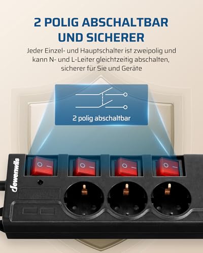 DEWENWILS 6-Fach Steckdosenleiste, einzeln schaltbar, 2 m, Schwarz