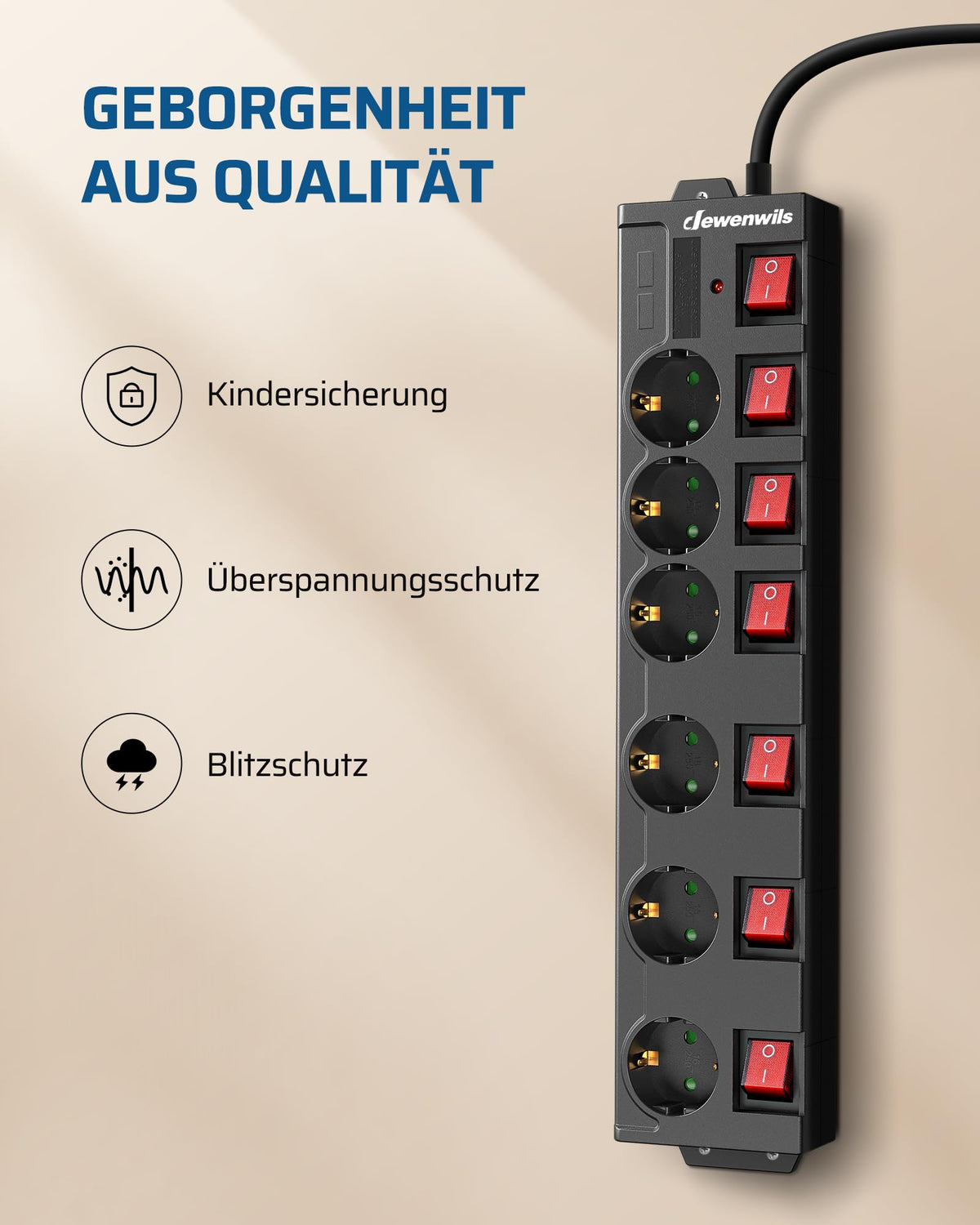 DEWENWILS 6-Fach Steckdosenleiste, einzeln schaltbar, 2 m, Schwarz