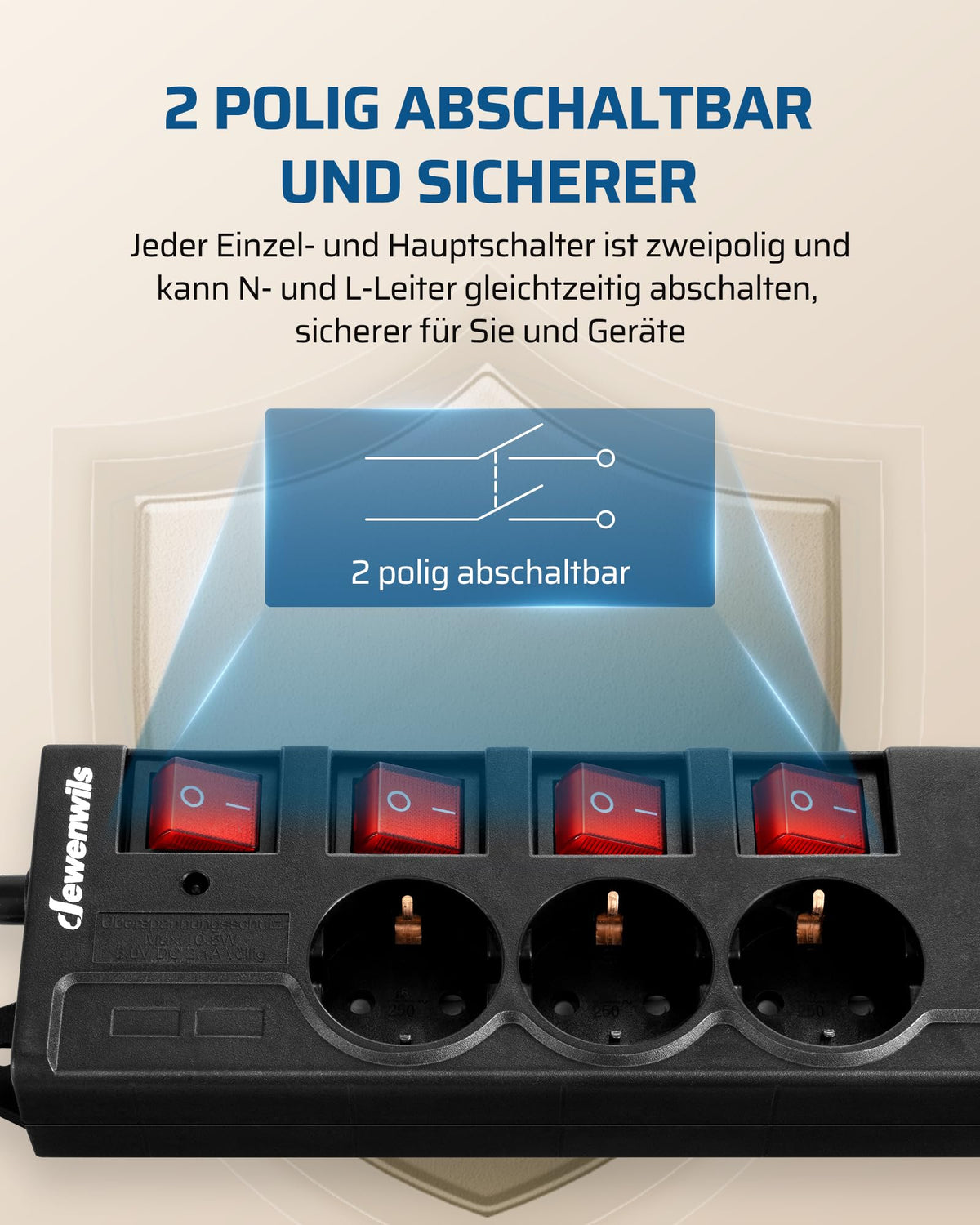 DEWENWILS 6-Fach Steckdosenleiste, einzeln schaltbar, 2 m, Schwarz