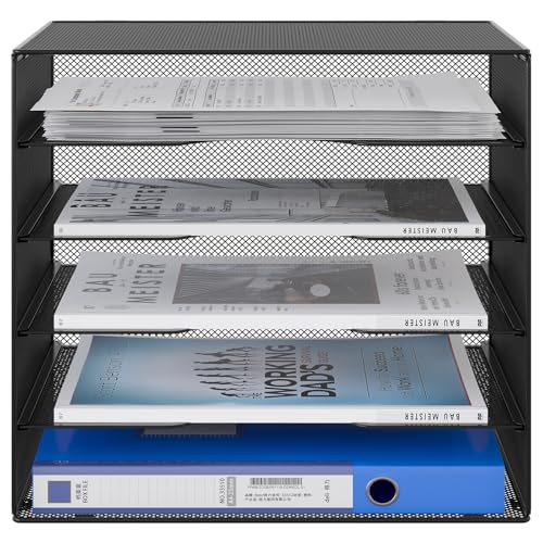 EasyPAG 5 Fächer A4 Metall Büro Schreibtisch Organizer Dokumentenhalter Aktenablage Zeitschriftenhalter Briefablage Papier Magazin Organisator,Schwarz