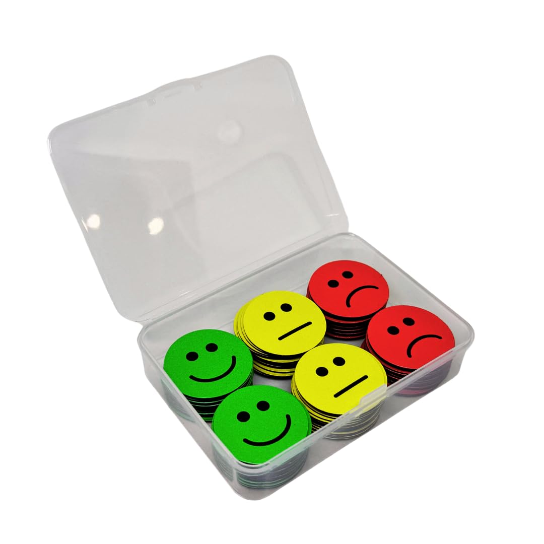 90 Feedback Magnete im Set (Durchmesser 2,5cm): 30 fröhliche grüne, 30 neutrale gelbe & 30 traurige rote Gesichter – Ideal für kreative Kommunikation in Schule, Job & Alltag (25mm)