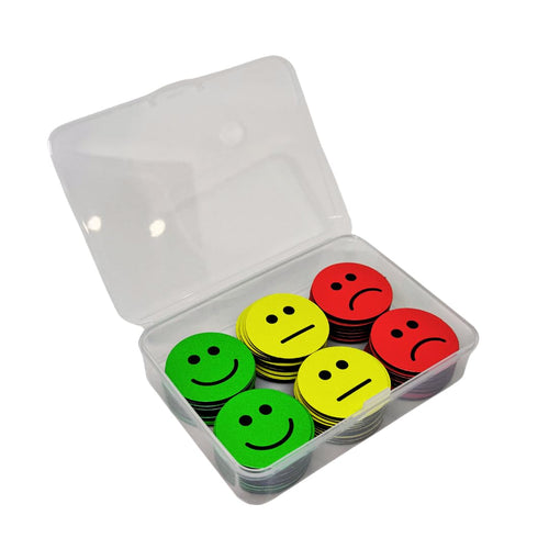 90 Feedback Magnete im Set (Durchmesser 2,5cm): 30 fröhliche grüne, 30 neutrale gelbe & 30 traurige rote Gesichter – Ideal für kreative Kommunikation in Schule, Job & Alltag (25mm)