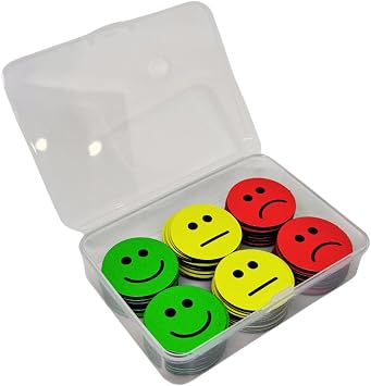 90 Feedback Magnete im Set (Durchmesser 2,5cm): 30 fröhliche grüne, 30 neutrale gelbe & 30 traurige rote Gesichter – Ideal für kreative Kommunikation in Schule, Job & Alltag (25mm)
