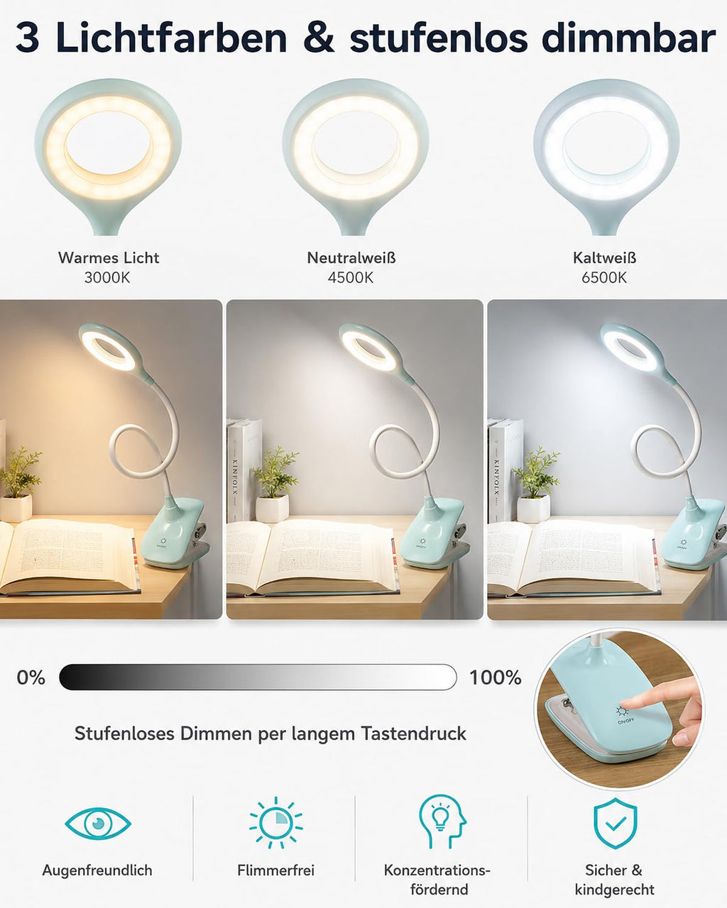 Leselampe Kinder, 3 Lichtfarben Dimmbar