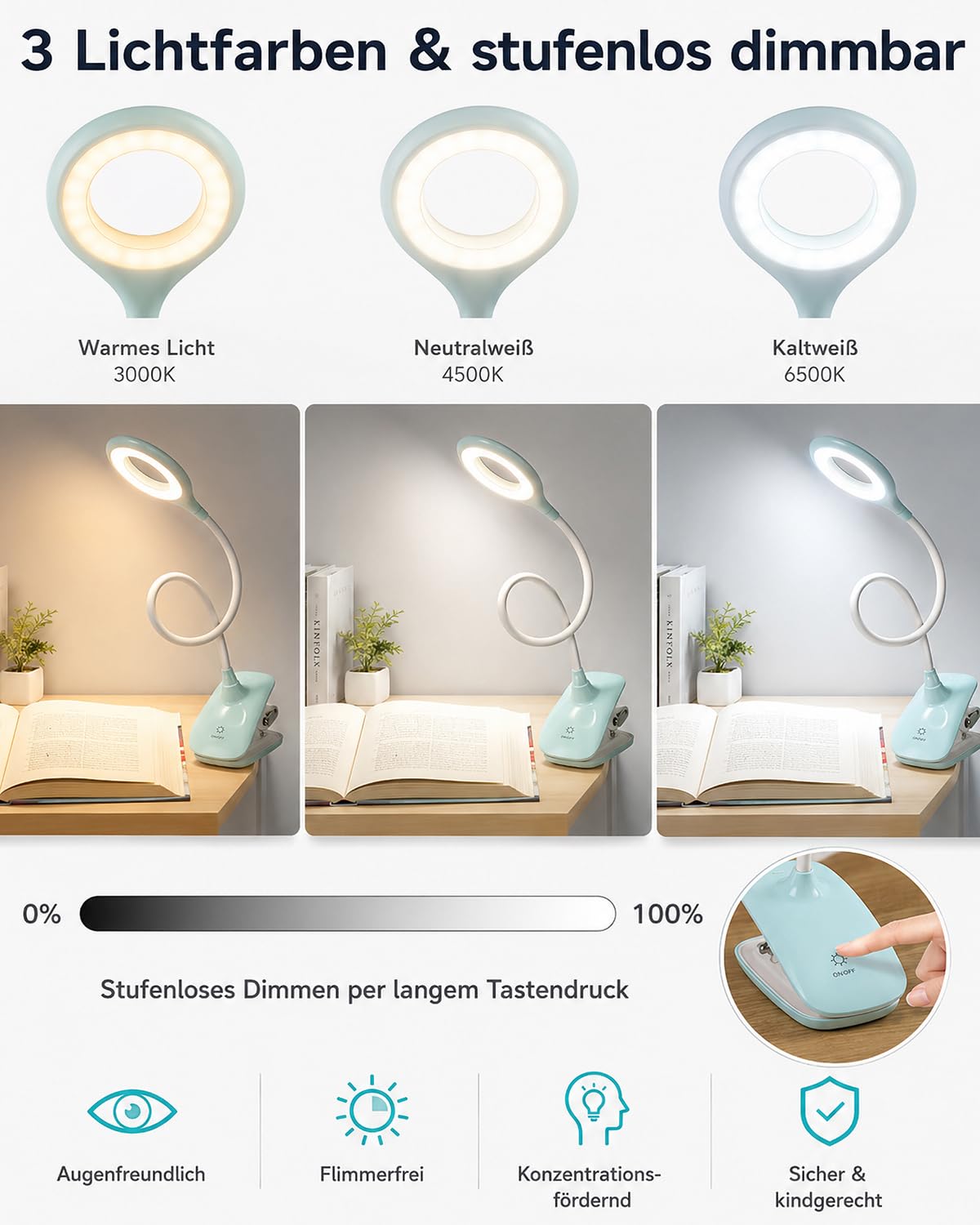 Leselampe Kinder, 3 Lichtfarben Dimmbar