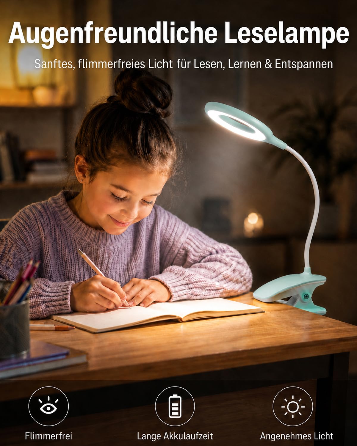 Leselampe Kinder, 3 Lichtfarben Dimmbar