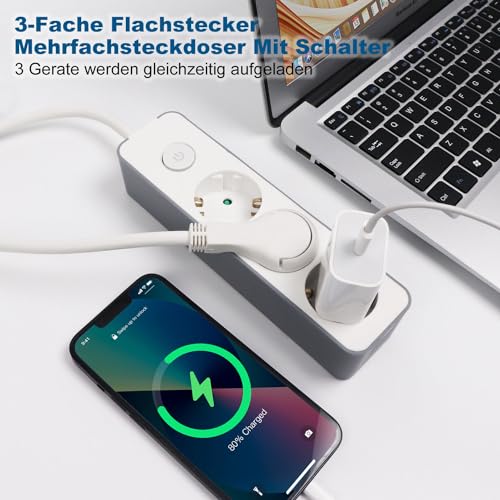 EXTRASTAR Flachstecker Steckdosenleiste 3 Fach mit Druckknopfschalter