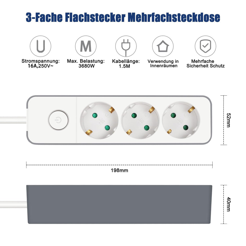 EXTRASTAR Flachstecker Steckdosenleiste 3 Fach mit Druckknopfschalter