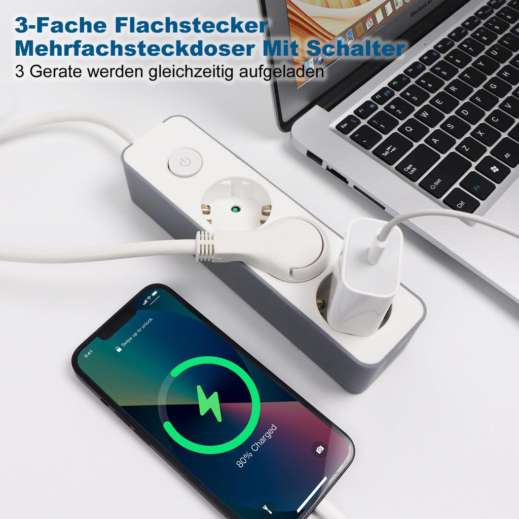 EXTRASTAR Flachstecker Steckdosenleiste 3 Fach mit Druckknopfschalter