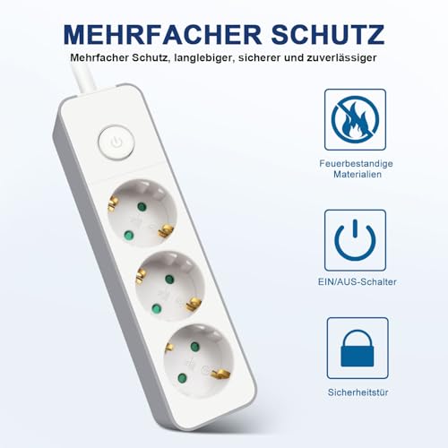 EXTRASTAR Flachstecker Steckdosenleiste 3 Fach mit Druckknopfschalter