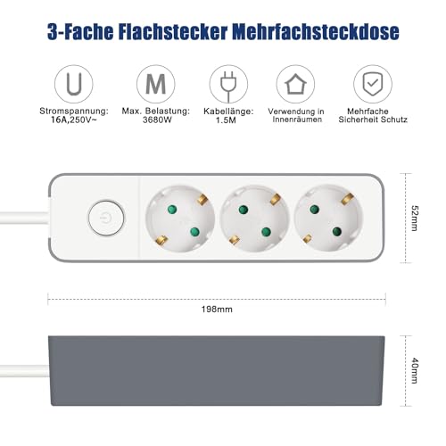 EXTRASTAR Flachstecker Steckdosenleiste 3 Fach mit Druckknopfschalter
