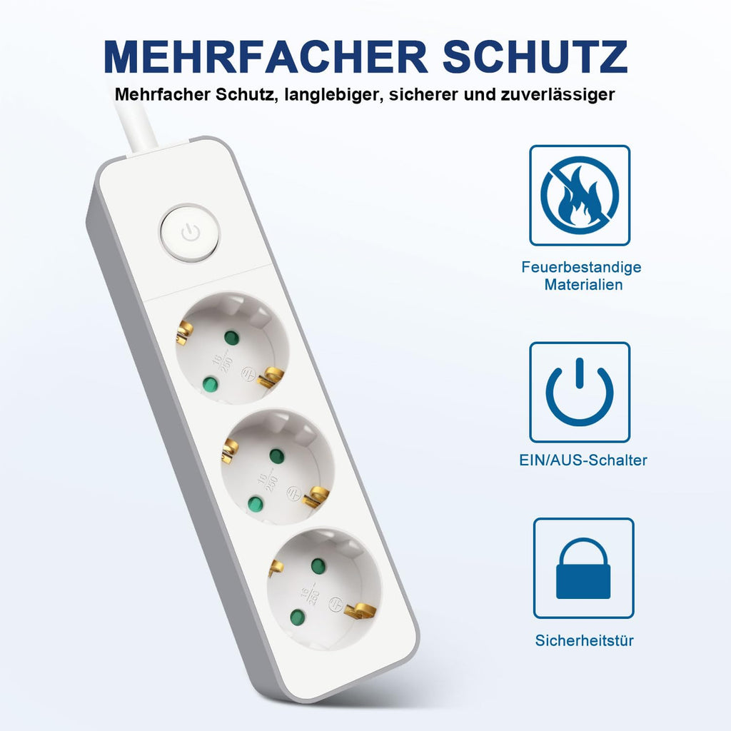 EXTRASTAR Flachstecker Steckdosenleiste 3 Fach mit Druckknopfschalter