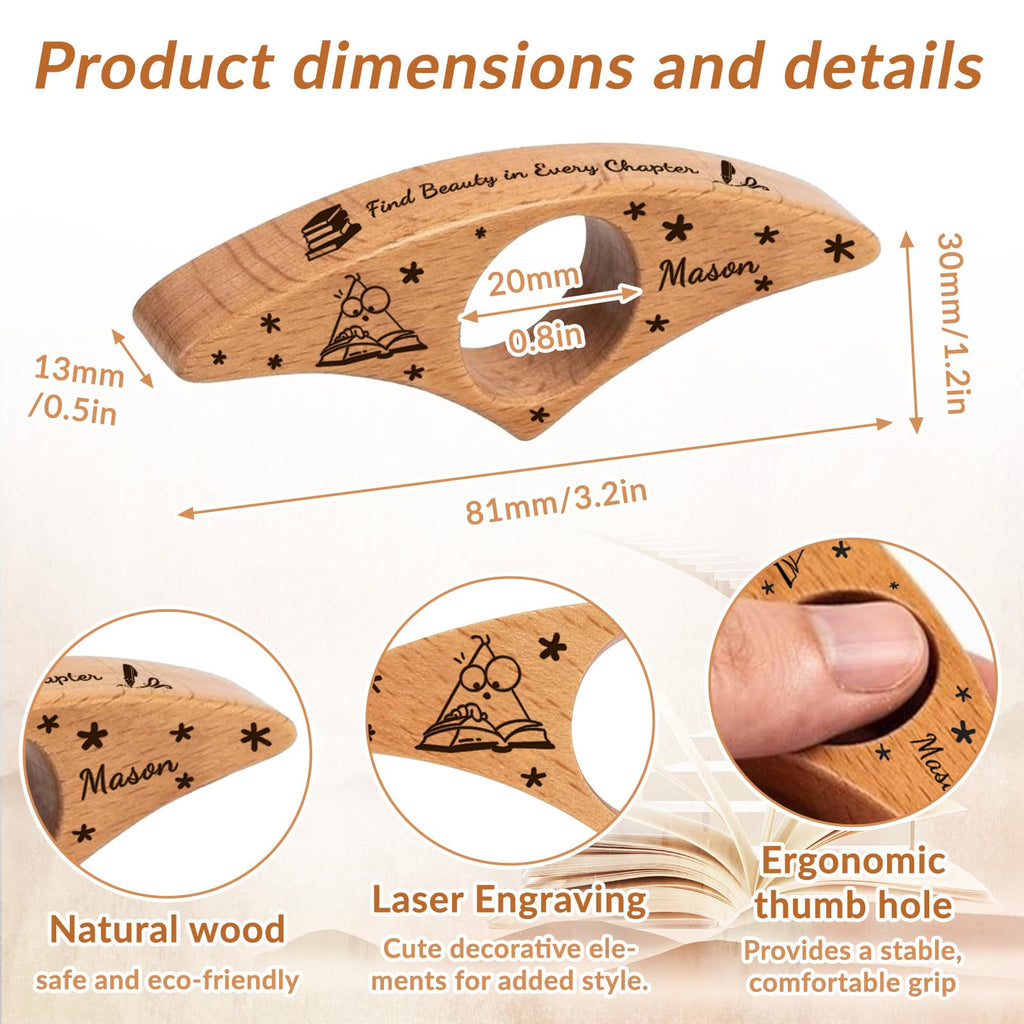 Personalisierter Buchseitenhalter, individuell gestalteter Daumenseitenhalter aus Holz mit Gravur, Leseaccessoire für Bücherliebhaber, Lehrer, Frauen und Männer, Geschenkidee für Bücherfreunde