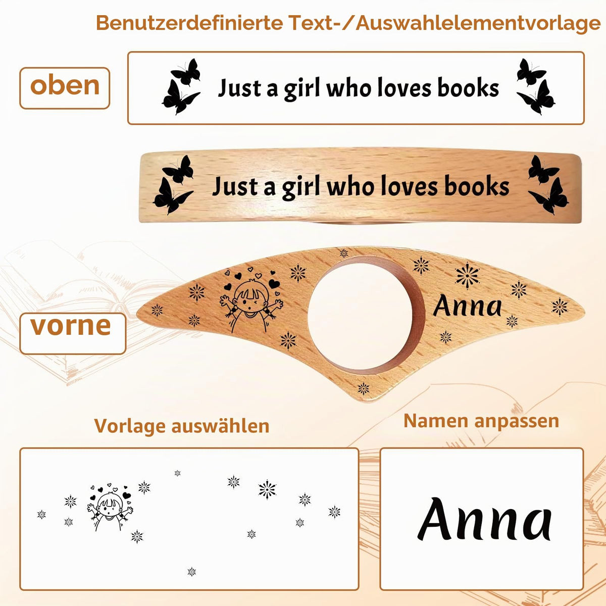 Personalisierter Buchseitenhalter, individuell gestalteter Daumenseitenhalter aus Holz mit Gravur, Leseaccessoire für Bücherliebhaber, Lehrer, Frauen und Männer, Geschenkidee für Bücherfreunde