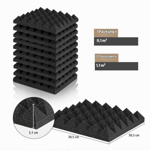 Soundsbay Akustikschaumstoff Pyramide mit Kleber 12 Stück Schwarz 30x30x5cm