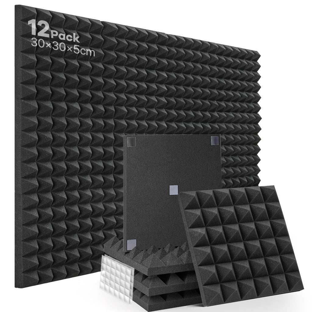Soundsbay Akustikschaumstoff Pyramide mit Kleber 12 Stück Schwarz 30x30x5cm