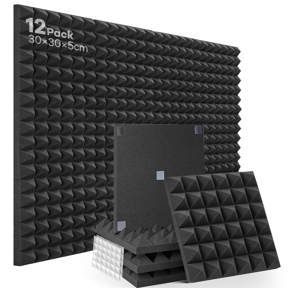 Soundsbay Akustikschaumstoff Pyramide mit Kleber 12 Stück Schwarz 30x30x5cm