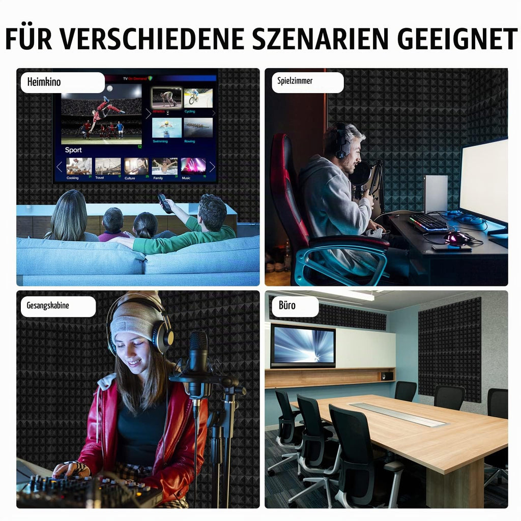 Soundsbay Akustikschaumstoff Pyramide mit Kleber 12 Stück Schwarz 30x30x5cm