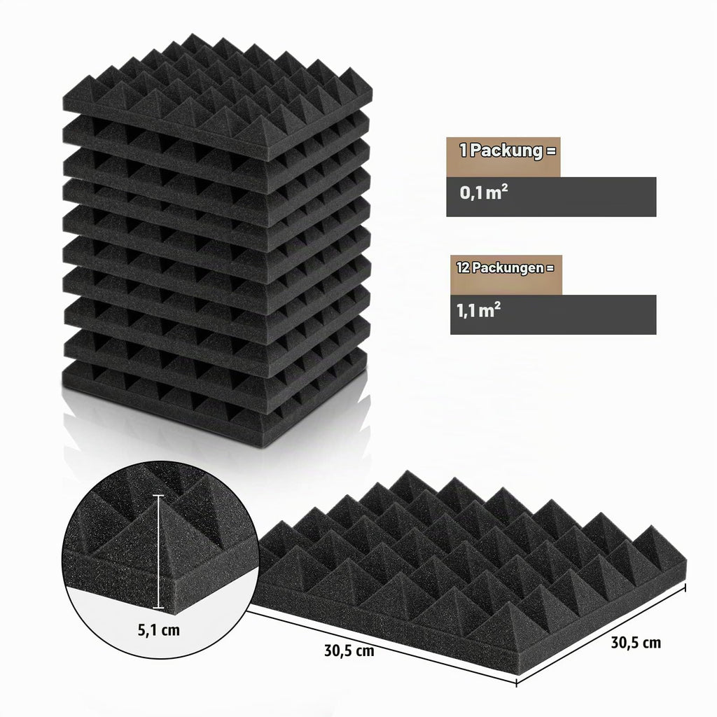 Soundsbay Akustikschaumstoff Pyramide mit Kleber 12 Stück Schwarz 30x30x5cm