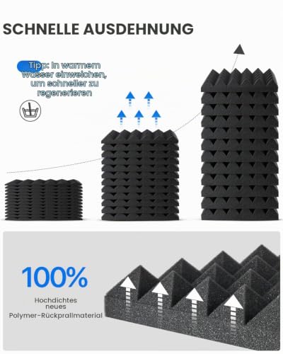 Soundsbay Akustikschaumstoff Pyramide mit Kleber 12 Stück Schwarz 30x30x5cm