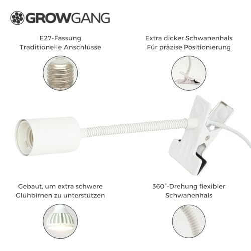 Pianta Pflanzenlampe Clip-On Fassung – 360° Schwanenhals, stabiler Clip für Pflanzenbeleuchtung. Mit Regalhalterung, Tischstecker, LED Clip-On. Perfekt für Schreibtische, Regale & Zimmerpflanzen.