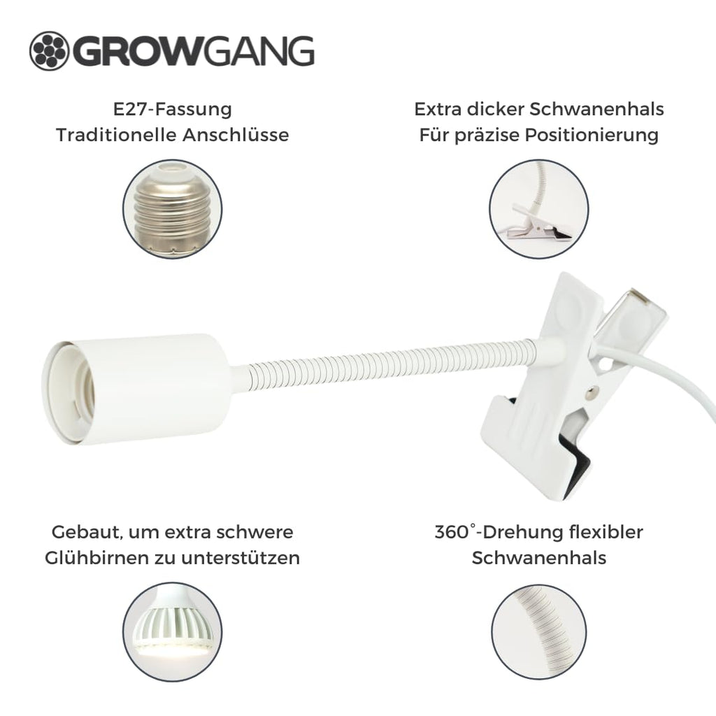 Pianta Pflanzenlampe Clip-On Fassung – 360° Schwanenhals, stabiler Clip für Pflanzenbeleuchtung. Mit Regalhalterung, Tischstecker, LED Clip-On. Perfekt für Schreibtische, Regale & Zimmerpflanzen.