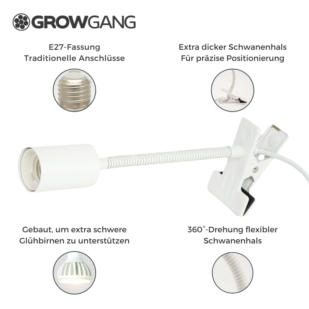 Pianta Pflanzenlampe Clip-On Fassung – 360° Schwanenhals, stabiler Clip für Pflanzenbeleuchtung. Mit Regalhalterung, Tischstecker, LED Clip-On. Perfekt für Schreibtische, Regale & Zimmerpflanzen.
