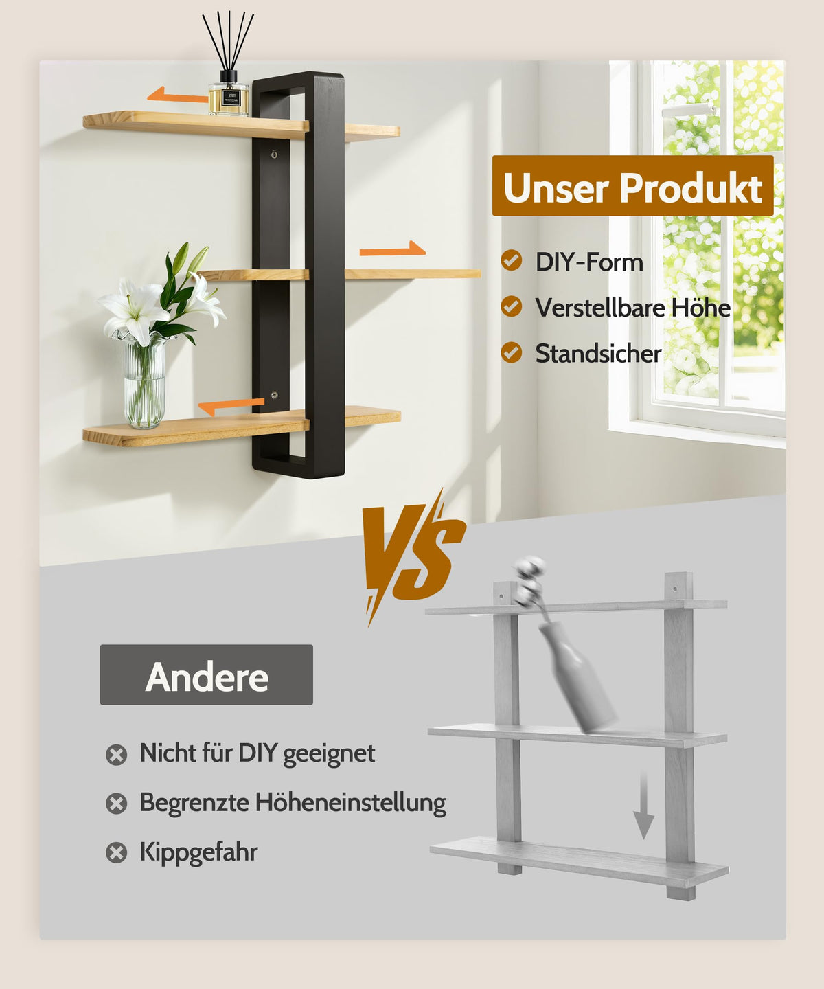 SUMGAR Wandregal Holz, Dekoratives Hängeregal Mit 3 Ablagen, 50 X 58 cm