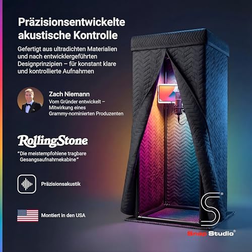 Snap Studio Vocal Booth – #1 empfohlene Studio-Soundkabine für die Aufnahme trockener, echofreier Gesang – 80% Reverb Reduktion & 360° Isolation – Cliphalterung, Lichter und Reisetasche im