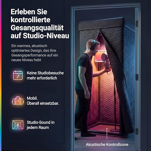 Snap Studio Vocal Booth – #1 empfohlene Studio-Soundkabine für die Aufnahme trockener, echofreier Gesang – 80% Reverb Reduktion & 360° Isolation – Cliphalterung, Lichter und Reisetasche im