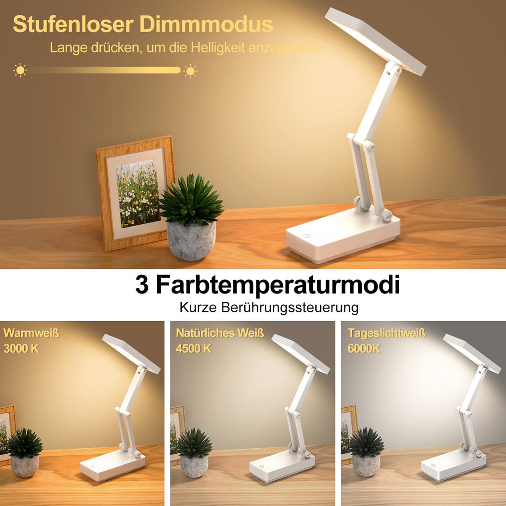 Suright LED Tischlampe Kabellos Akku Lampe,Faltbare Touch-Schreibtischlampe,Nachttischlampe,Dimmbare Tischleuchte mit 3 Lichtmodi,Aufladbare USB-Schreibtischleuchte für Schlafzimmer,Lesen,Lernen
