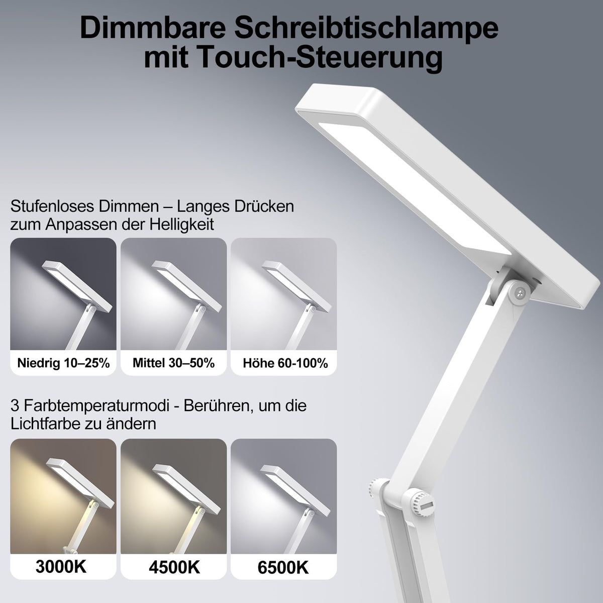 Suright LED Tischlampe Kabellos Akku Lampe,Faltbare Touch-Schreibtischlampe,Nachttischlampe,Dimmbare Tischleuchte mit 3 Lichtmodi,Aufladbare USB-Schreibtischleuchte für Schlafzimmer,Lesen,Lernen