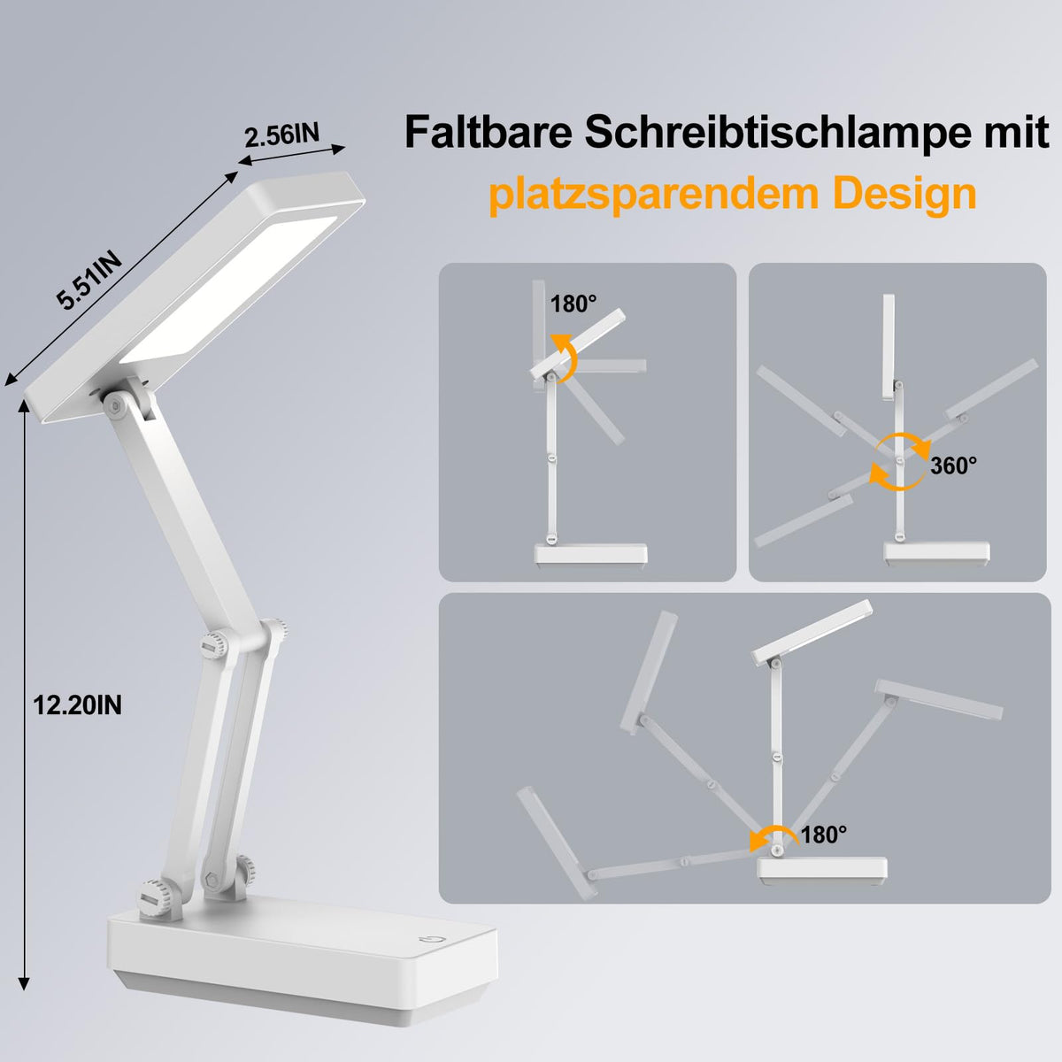 Suright LED Tischlampe Kabellos Akku Lampe,Faltbare Touch-Schreibtischlampe,Nachttischlampe,Dimmbare Tischleuchte mit 3 Lichtmodi,Aufladbare USB-Schreibtischleuchte für Schlafzimmer,Lesen,Lernen