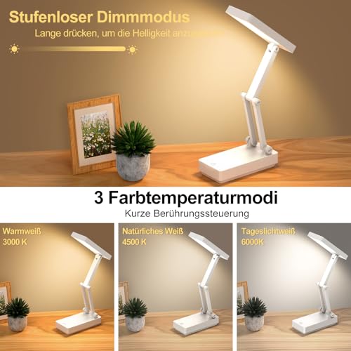 Suright LED Tischlampe Kabellos Akku Lampe,Faltbare Touch-Schreibtischlampe,Nachttischlampe,Dimmbare Tischleuchte mit 3 Lichtmodi,Aufladbare USB-Schreibtischleuchte für Schlafzimmer,Lesen,Lernen