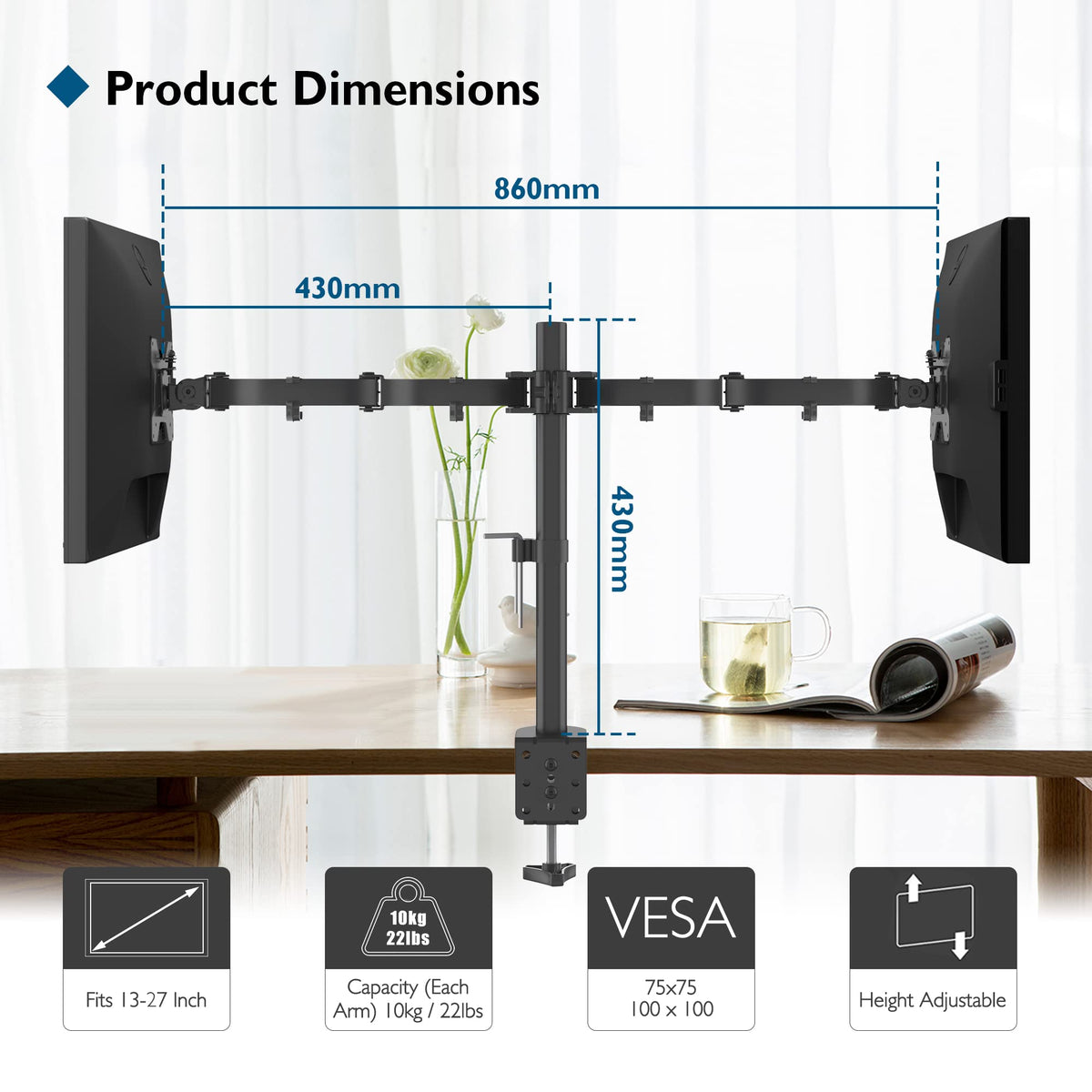 BONTEC Monitor Halterung 2 Monitore für 13-27 Zoll, 10 kg pro Arm, Schwarz