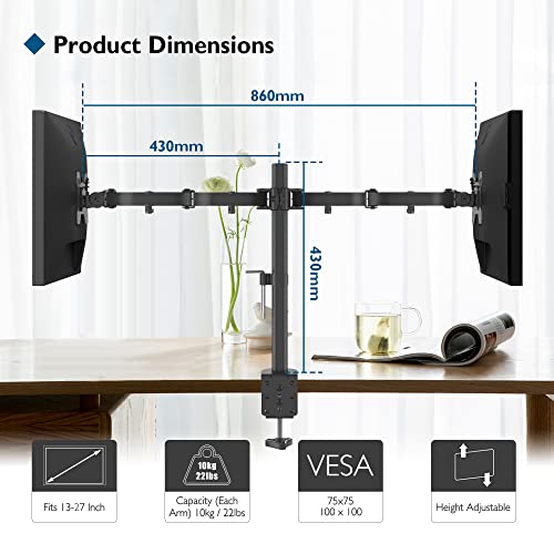 BONTEC Monitor Halterung 2 Monitore für 13-27 Zoll, 10 kg pro Arm, Schwarz