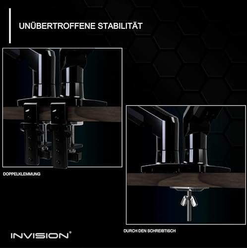 Invision Monitor Halterung für 19-32 Zoll Bildschirme - VESA 75 & 100 mm - Schreibtischklemme Ständer - Höhenverstellbar Neigungen Schwenken Dreht - Erhöhte Tragfähigkeit von 2-9 kg - MX400 Doppelarm