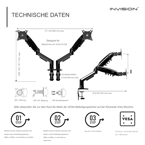Invision Monitor Halterung für 19-32 Zoll Bildschirme - VESA 75 & 100 mm - Schreibtischklemme Ständer - Höhenverstellbar Neigungen Schwenken Dreht - Erhöhte Tragfähigkeit von 2-9 kg - MX400 Doppelarm