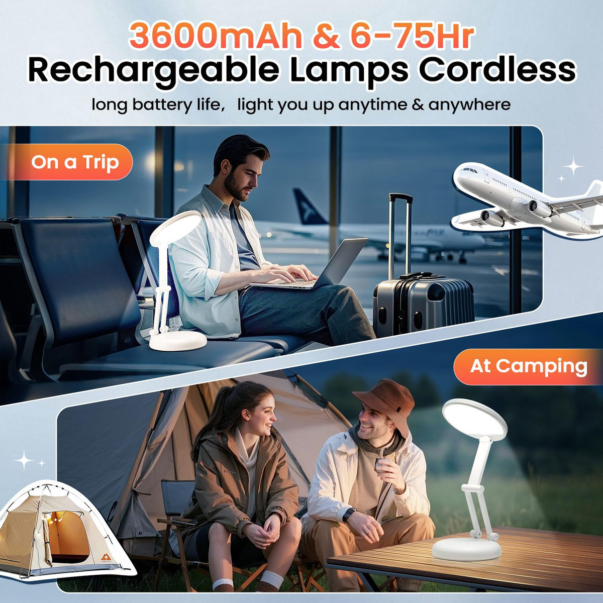 One Fire Tischlampe Kabellos, 3600mAH Schreibtischlampe LED Akku, Tragbar