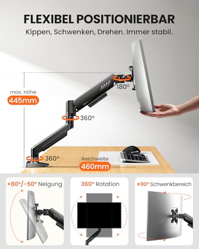 ErGear Monitor Halterung für 13-34 Zoll Bildschirme [Upgraded - Schluss mit Absacken] Monitor Arm Werkzeuglose Schnellmontage bis 9kg, Monitorhalterung mit Kabelmanagement, VESA 75 & 100 mm
